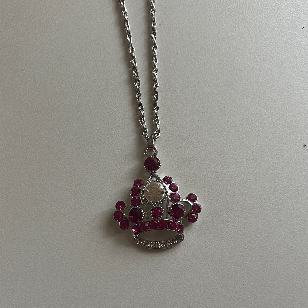 3 for $15 Y2K Silver Crown Pendant Necklace with Pink Gemstones